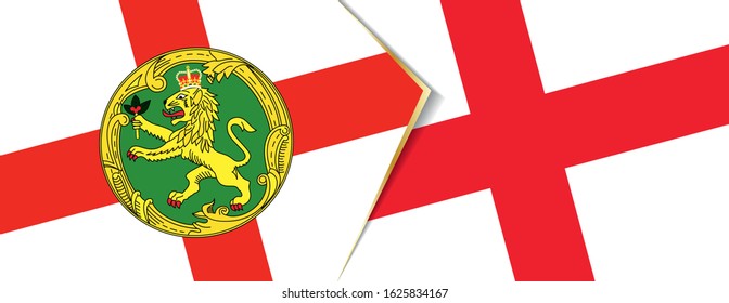 Alderney and England flags, two vector flags symbol of relationship or confrontation.