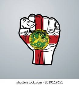 Alderney Flag with Hand Design isolated on white background. Vector illustration