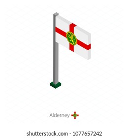 Alderney Flag on Flagpole in Isometric dimension. Isometric blue background. Vector illustration.