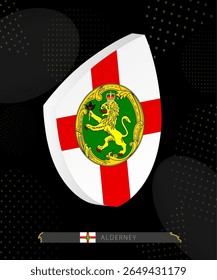 Alderney Flag Shield icon in 3D on Dark Modern Abstract Rugby Background. Perfect for sports events, heritage themes, national celebrations, and patriotic designs.