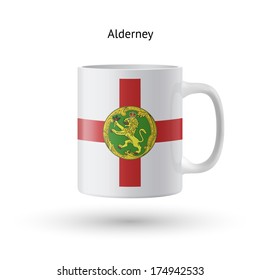 Alderney flag souvenir mug isolated on white background. Vector illustration.