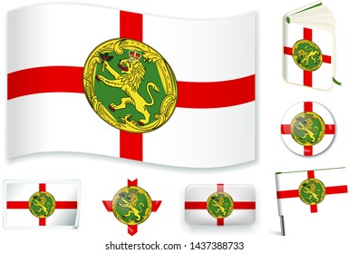 Alderney flag in wave, book, circle, pin, button, heart and sticker shapes.