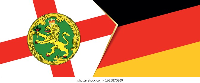 Alderney and Germany flags, two vector flags symbol of relationship or confrontation.