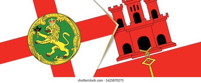 Alderney and Gibraltar flags, two vector flags symbol of relationship or confrontation.