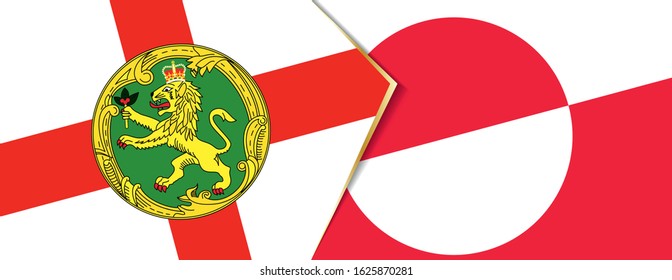 Alderney and Greenland flags, two vector flags symbol of relationship or confrontation.