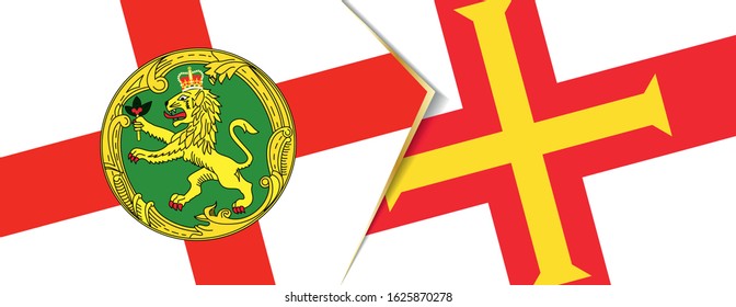 Alderney and Guernsey flags, two vector flags symbol of relationship or confrontation.