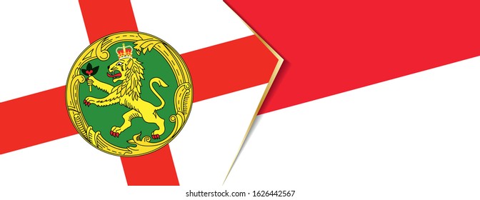 Alderney and Indonesia flags, two vector flags symbol of relationship or confrontation.