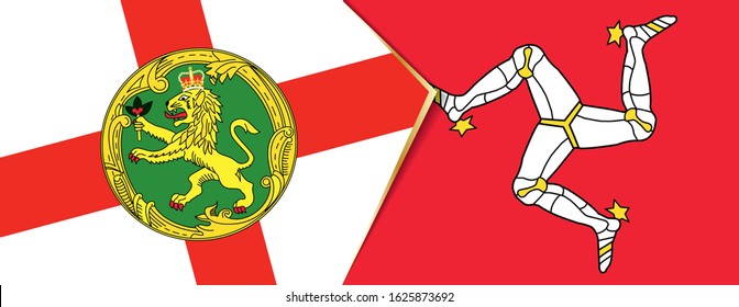 Alderney and Isle of Man flags, two vector flags symbol of relationship or confrontation.