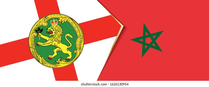 Alderney and Morocco flags, two vector flags symbol of relationship or confrontation.