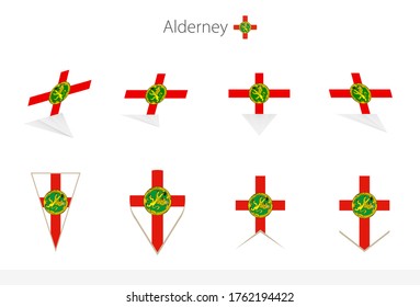 Alderney national flag collection, eight versions of Alderney vector flags. Vector illustration.