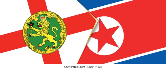Alderney and North Korea flags, two vector flags symbol of relationship or confrontation.