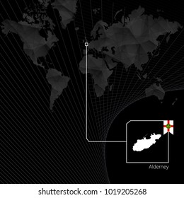 Alderney on black World Map. Map and flag of Alderney.