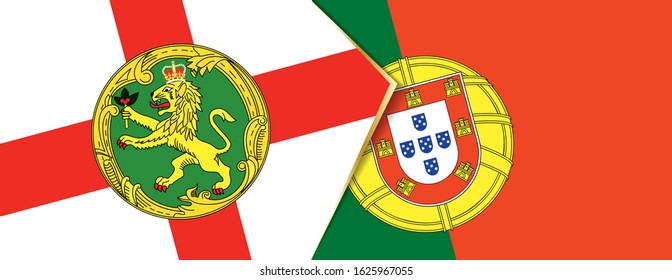 Alderney and Portugal flags, two vector flags symbol of relationship or confrontation.