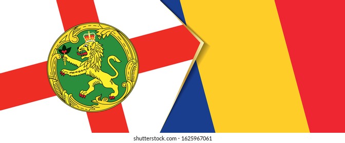 Alderney and Romania flags, two vector flags symbol of relationship or confrontation.
