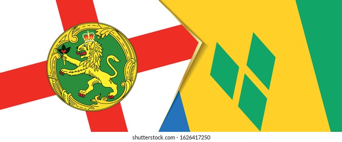 Alderney and Saint Vincent and the Grenadines flags, two vector flags symbol of relationship or confrontation.