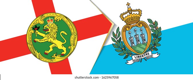 Alderney and San Marino flags, two vector flags symbol of relationship or confrontation.