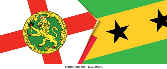 Alderney and Sao Tome and Principe flags, two vector flags symbol of relationship or confrontation.