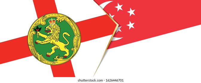 Alderney and Singapore flags, two vector flags symbol of relationship or confrontation.