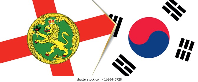 Alderney and South Korea flags, two vector flags symbol of relationship or confrontation.