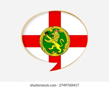 Alderney in a Speech Bubble Design on Golden Frame. Dotted light gray background.