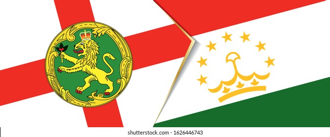 Alderney and Tajikistan flags, two vector flags symbol of relationship or confrontation.