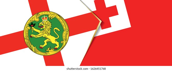 Alderney and Tonga flags, two vector flags symbol of relationship or confrontation.