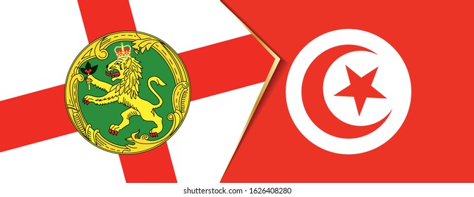 Alderney and Tunisia flags, two vector flags symbol of relationship or confrontation.