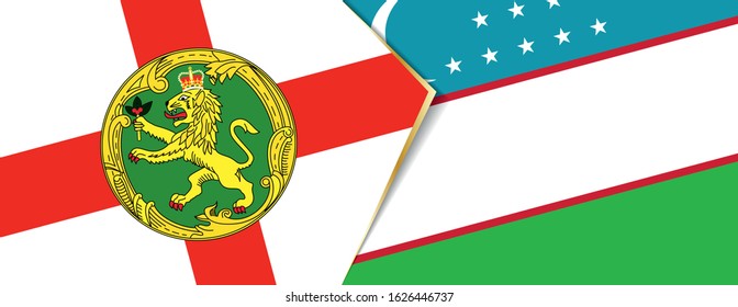 Alderney and Uzbekistan flags, two vector flags symbol of relationship or confrontation.