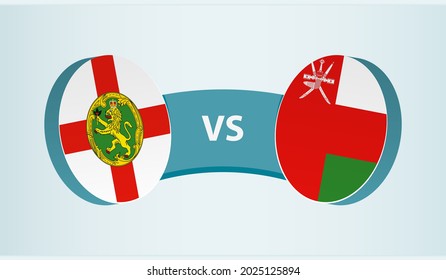 Alderney versus Oman, team sports competition concept. Round flag of countries.