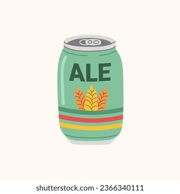 Ale, beer in green aluminum can. Low-alcohol cold drink. Design elements for menu restaurant, bar, pub.