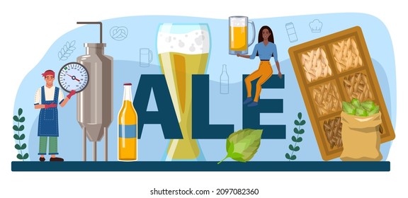 Ale typographic header. Glass mug with dark or light, filtered or infiltered alcohol drink. Craft beer production. Bar or pub menu. Flat vector illustration
