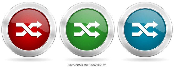 Aleatory vector icon set. Red, blue and green silver metallic web buttons with chrome border