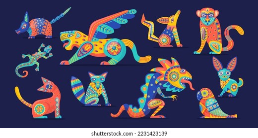 Alebrije. Traditional mexican folklore isolated creatures sculptures bird ornament feathers budgerigar parrot armadillo tribal companion huichol handicraft vector illustration of folklore armadillo