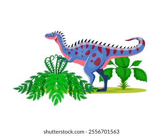 Alectrosaurus cartoon prehistoric dinosaur character. Isolated vector colorful dino in vibrant blue with red spots at lush landscape with ferns and plants. Vivid and playful prehistoric jurassic scene