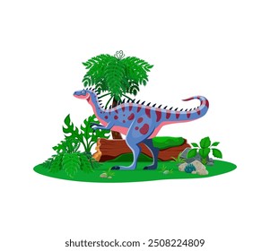 Personaje de dinosaurio prehistórico de Alectrosaurus. Dino colorido de Vector aislado en azul vibrante con manchas rojas en un exuberante paisaje con helechos, rocas y troncos. Vívida y juguetona escena jurásica prehistórica