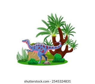 Alectrosaurus caráter dinossauro pré-histórico. Vetor isolado dino colorido em azul vibrante com manchas vermelhas na paisagem tropical com samambaias, rochas e palmeira. Vivíssima e lúdica cena da era jurássica