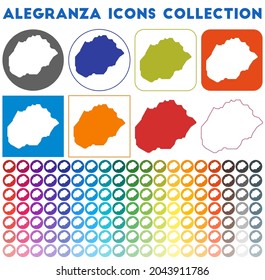 Alegranza icons collection. Bright colorful trendy map icons. Modern Alegranza badge with island map. Vector illustration.