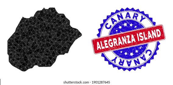 Alegranza Island map polygonal mesh with filled triangles, and scratched bicolor stamp. Triangle mosaic Alegranza Island map with mesh vector model, triangles have different sizes, and positions,