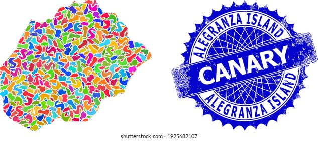Alegranza Island map vector image. Blot pattern map and unclean seal for Alegranza Island. Sharp rosette blue stamp seal with caption for Alegranza Island map.