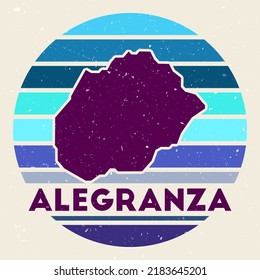 Logo de Alegranza. Firmar con el mapa de la isla y las franjas coloreadas, ilustración vectorial. Puede utilizarse como insignia, logotipo, etiqueta, pegatina o insignia de la Alegranza.