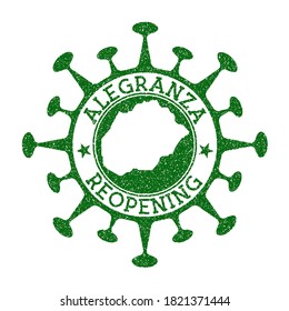 Alegranza Reopening Stamp. Green round badge of island with map of Alegranza. Island opening after lockdown. Vector illustration.