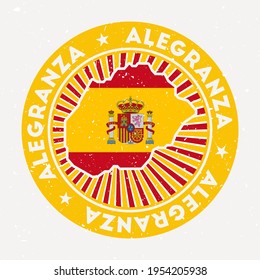 Alegranza round stamp. Logo of island with flag. Vintage badge with circular text and stars, vector illustration.