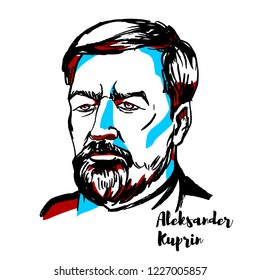 Aleksandr Kuprin engraved vector portrait with ink contours. Russian writer best known for his novel The Garnet Bracelet.