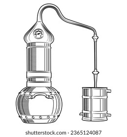 alembic. copper cube for the distillation of alcohol vector illustration. Grey