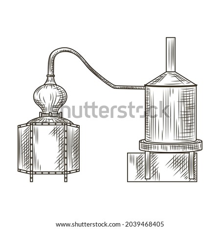 Alembic pisco engraved style isolated on white background. Vintage sketch black outline close up. Vector illustration design