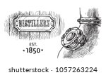 alembic still for making alcohol inside distillery, destilling spirits sketch