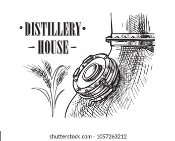 alembic still for making alcohol inside distillery, destilling spirits sketch