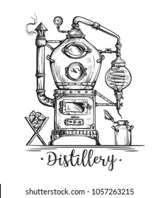 alembic still for making alcohol inside distillery, destilling spirits sketch