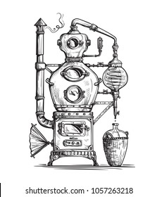 alembic still for making alcohol inside distillery, destilling spirits sketch