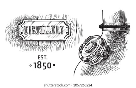 Alembic Still For Making Alcohol Inside Distillery, Destilling Spirits Sketch